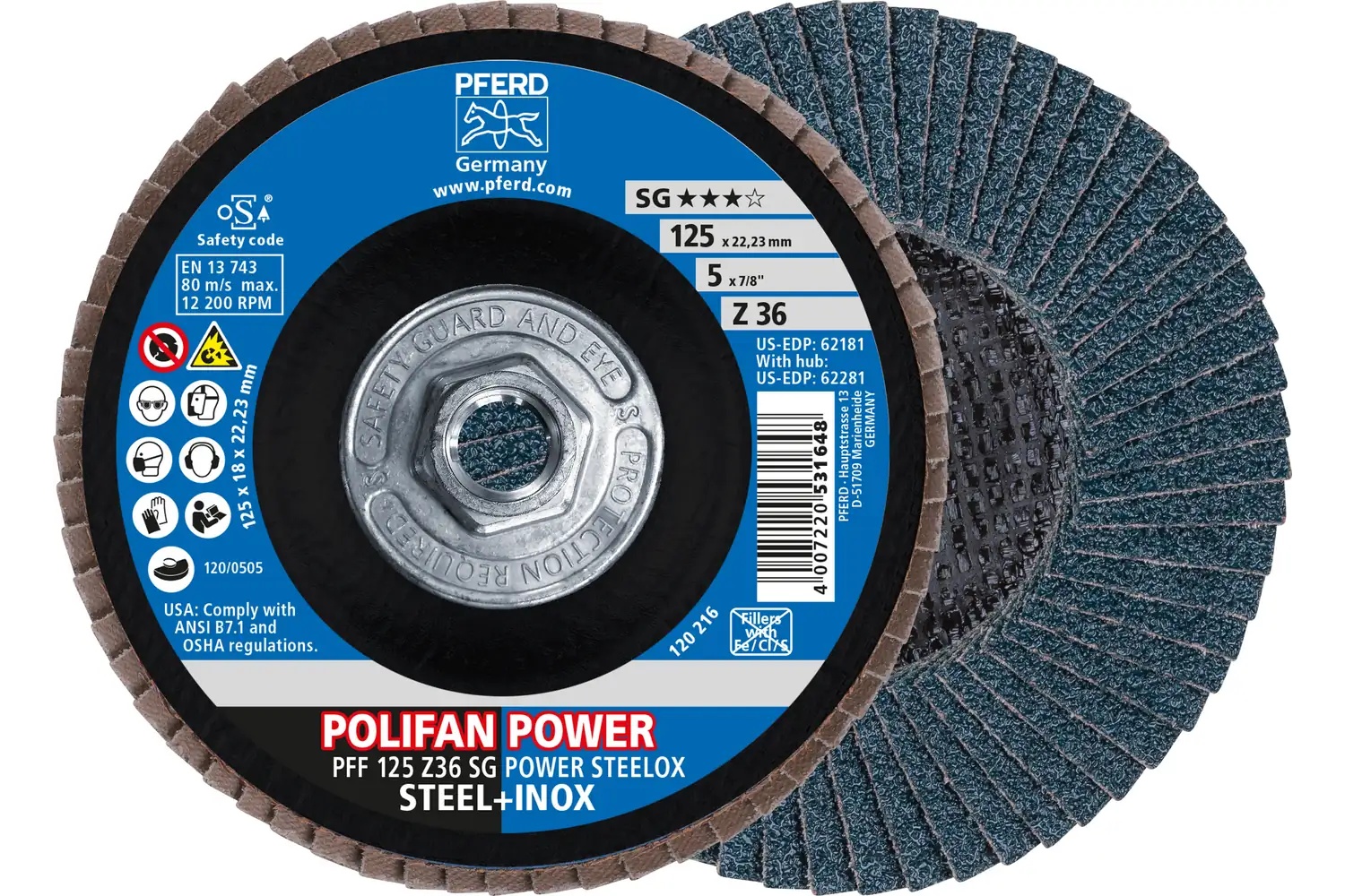 Picture of Pferd Flap Disc, 5" x 5/8-11, Z SG Power Steelox, 36 Grit, T27, Flat, Zirconia
